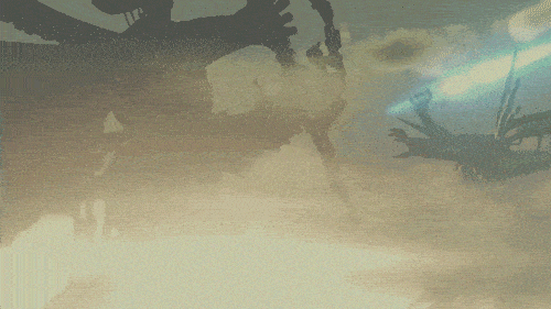 Artwork of the Bionis and Mechonis, two enormous titans facing each other above the clouds.