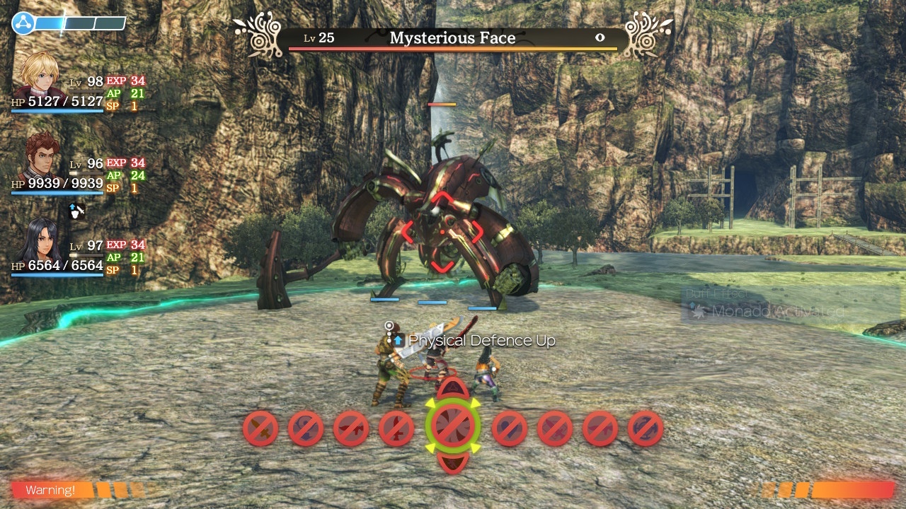A Xenoblade battle against Mysterious Face, showing party health, combat arts, and status indicators.