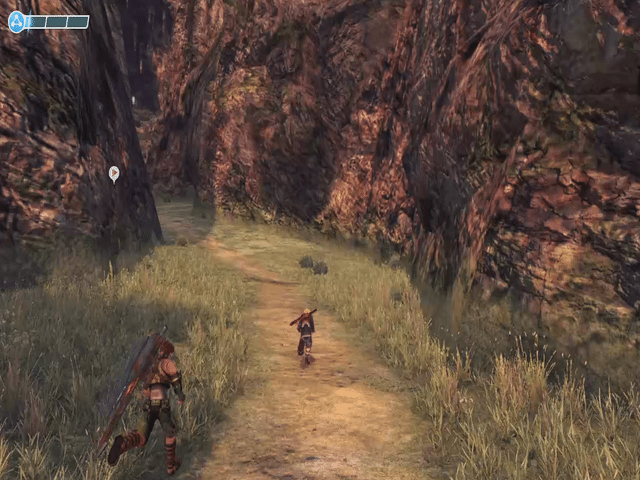 The party walks through a narrow rocky passage toward the open expanse of Gaur Plain.