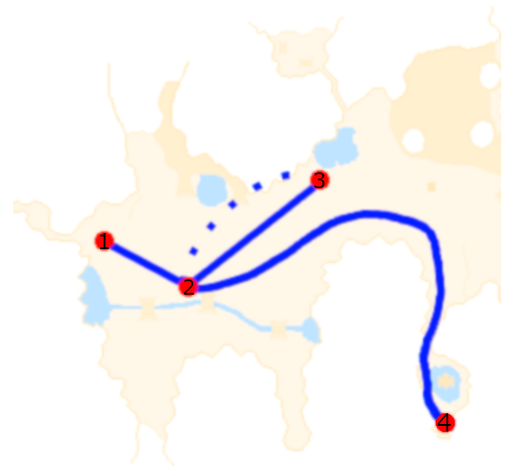 Map tracing the main quest across Gaur Plain, from the entrance to the buggy, oasis, and refugee camp; a dotted segment marks a teleport.