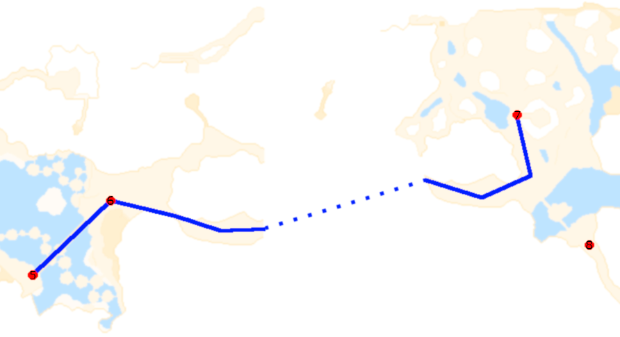 Map tracing the quest route onto the upper level and the teleport back to the refugee camp.