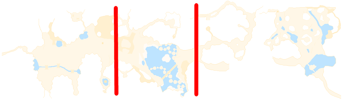 Maps of Bionis’ Leg divided by red lines into Gaur Plain, Viliera Hill and Raguel Lake, and the upper level.