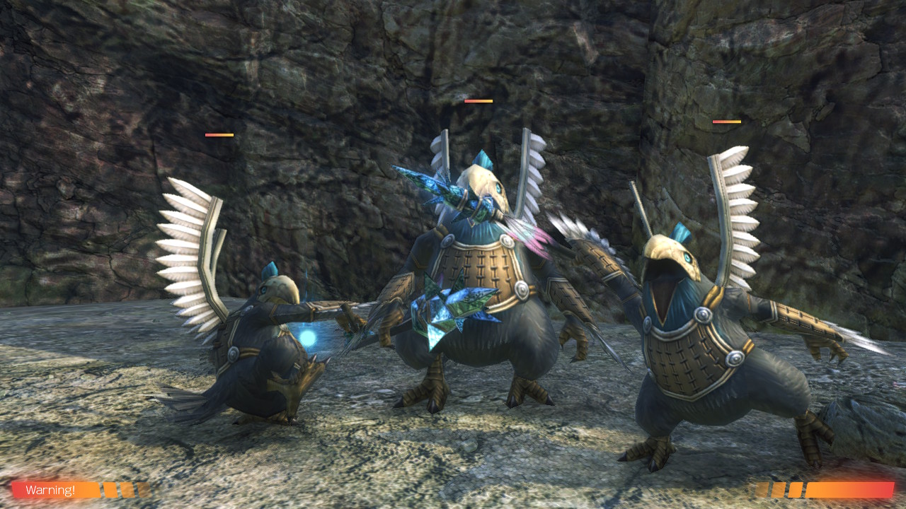 A group of armed Tirkins stands together in a rocky area.