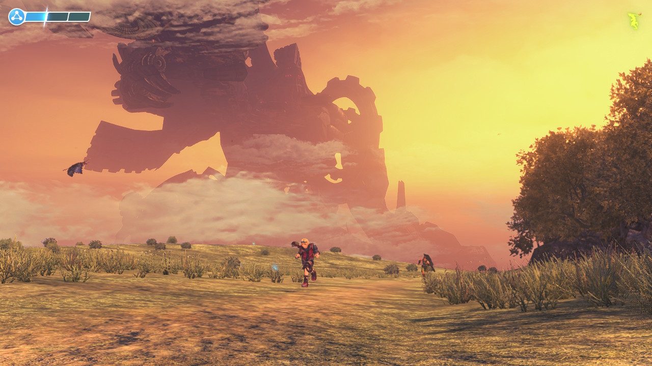 The party crosses Gaur Plain at sunset with the enormous Mechonis visible in the distance.