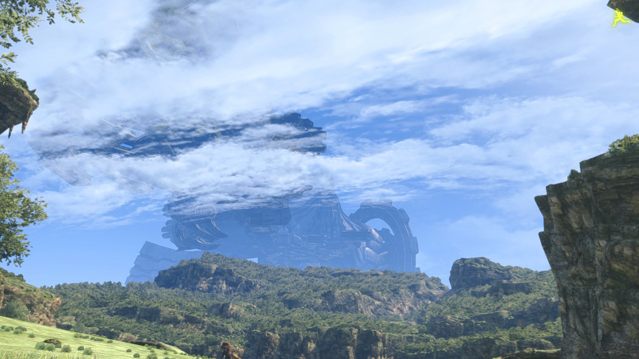 The Mechonis looms above Gaur Plain, partly obscured by clouds.