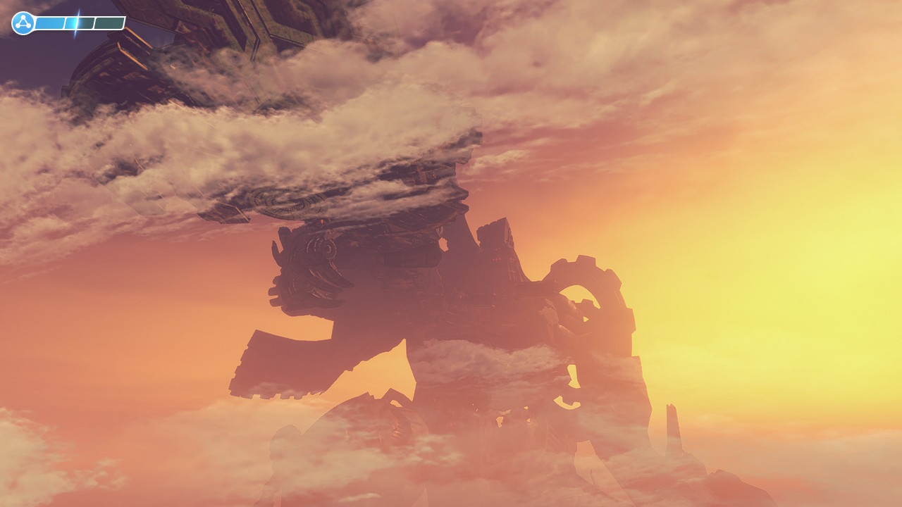 The Mechonis seen against an orange sunset from the entrance to Bionis’ Leg.