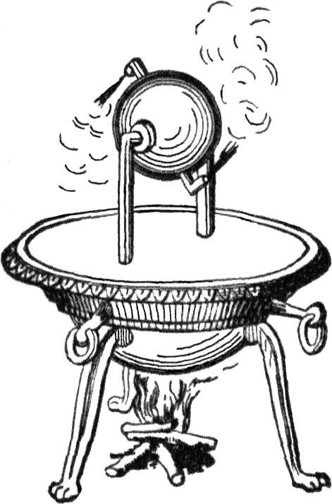 Hero’s aeolipile: a hollow sphere mounted above a heated vessel rotates as steam escapes through bent nozzles.