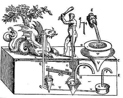 A mechanical scene of Hercules striking a dragon, with the levers and counterweights visible beneath the figures.