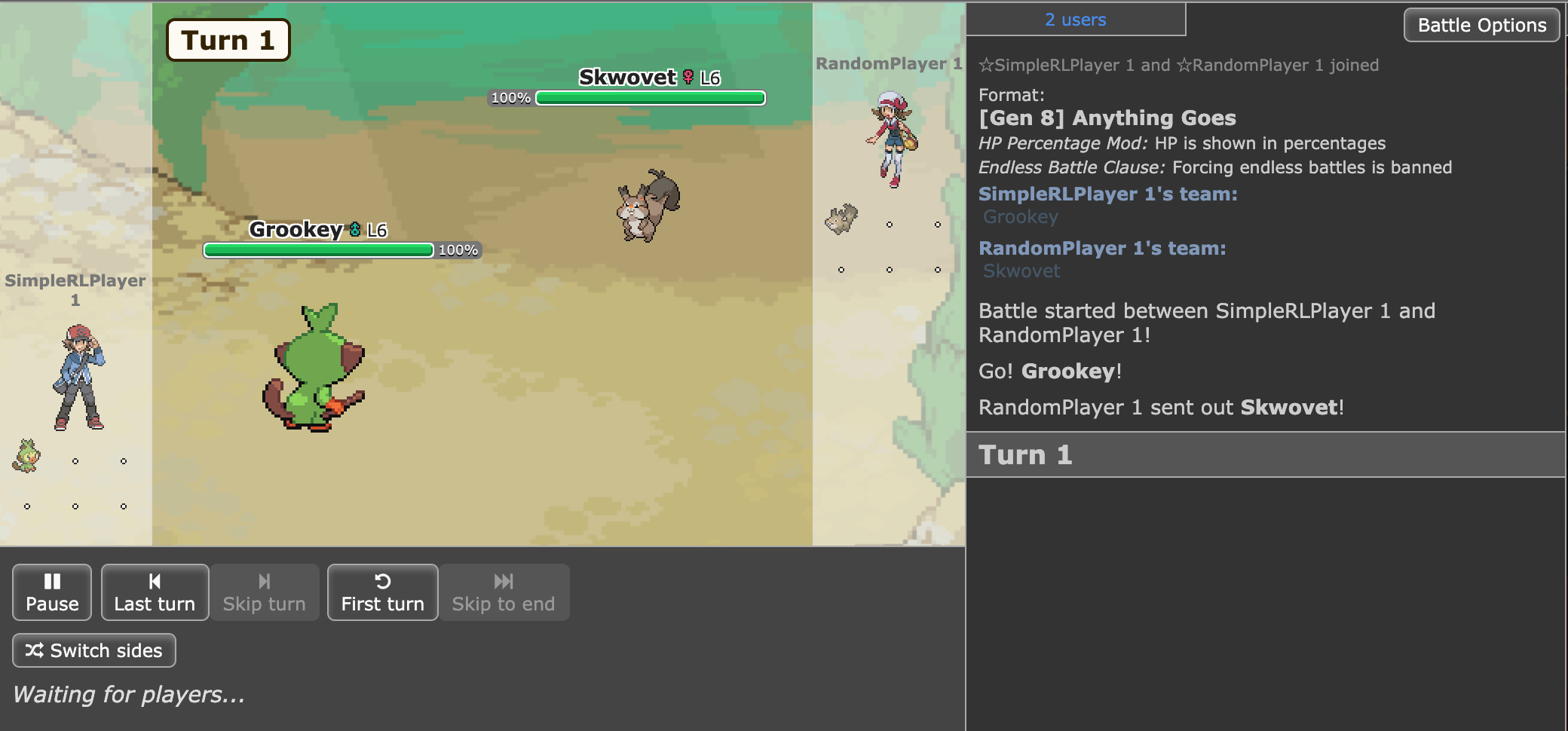 A Pokémon Showdown battle between Grookey and Skwovet while the reinforcement-learning agent trains.